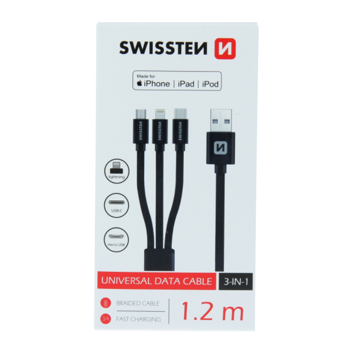 Dátový kábel Swissten 3v1 MFi 1,2 m čierny 