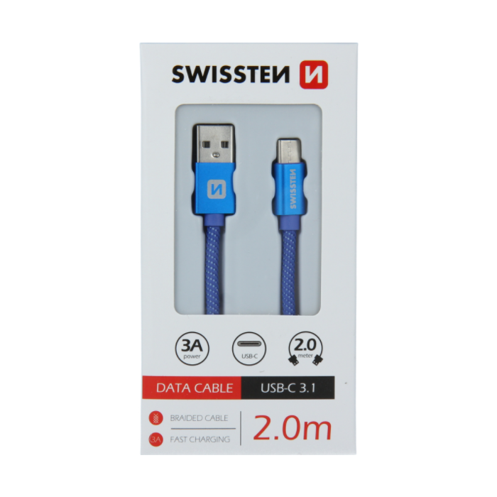 Kábel Swissten USB/USB-C 3.0A 2 m modrý