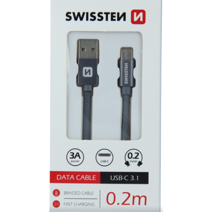 Kábel Swissten opletený USB-USB-C 20cm - šedý