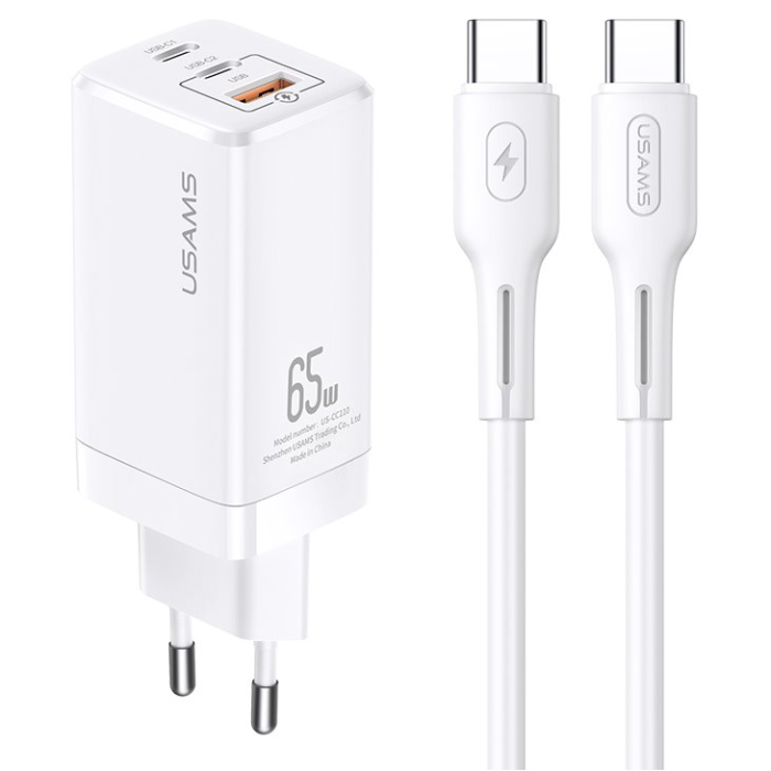 Rýchlonabíjačka USAMS T33 Gan 65W + USB-C/USB-C biela 