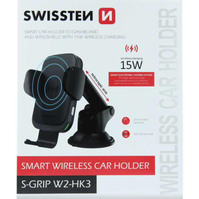 Držiak SWISSTEN S-GRIP s bezdrôtovým nabíjaním + vstup USB-C 15W čierny