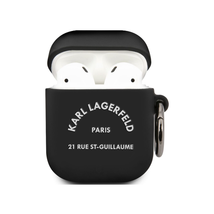 Silikónové puzdro Karl Lagerfeld na Apple AirPods 1 / 2 KLACA2SILRSGBK Rue St Guillaume čierne