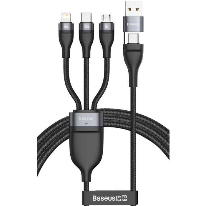 Kábel Baseus 4v1 CA2T3-G1, USB typ-C na UBS + USB-C + Micro + Lightning 8-pin 100W, PD Qi, sivo-čierny