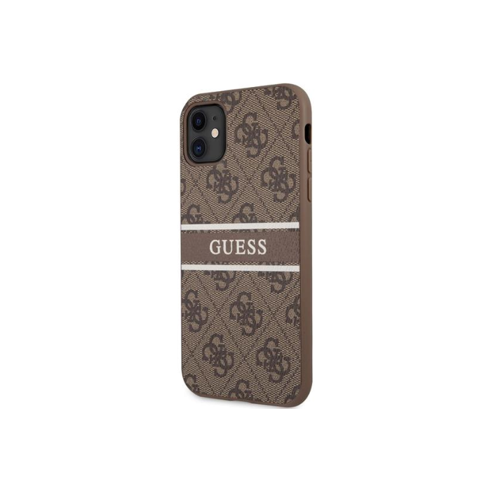 Plastové puzdro Guess na Apple iPhone 11 GUHCN614GDBR 4G Printed Stripe hnede