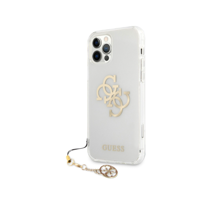 Plastové puzdro Guess na Apple iPhone 12 Pro Max GUHCP12LKS4GGO Big 4G Logo Gold transparentné