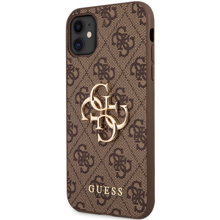 Plastové puzdro Guess na Apple iPhone 11 GUHCN614GMGBR PU 4G Metal Logo hnedé