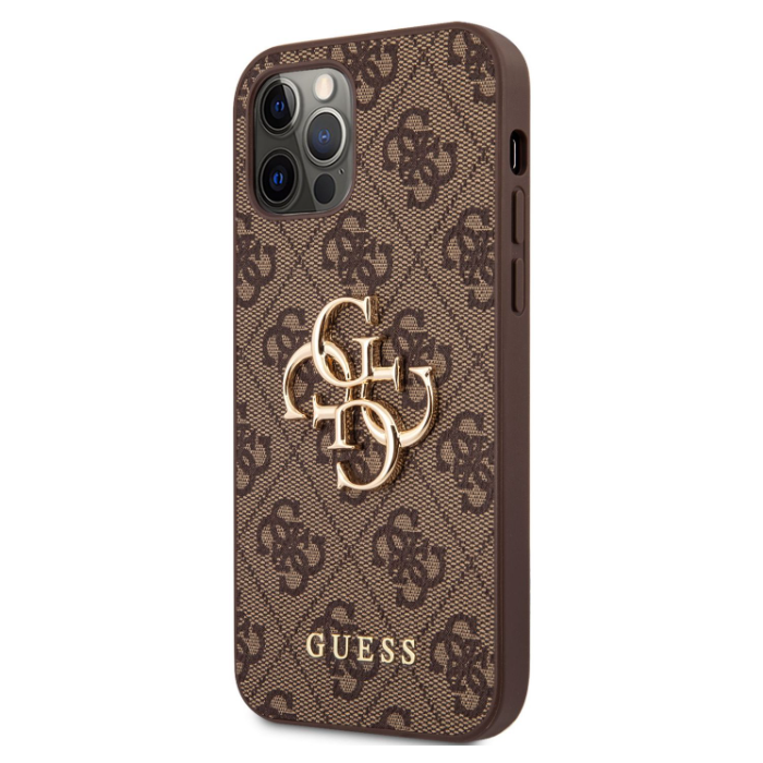Plastové puzdro Guess na Apple iPhone 12 Pro Max GUHCP12L4GMGBR 4G Metal Logo hnedá