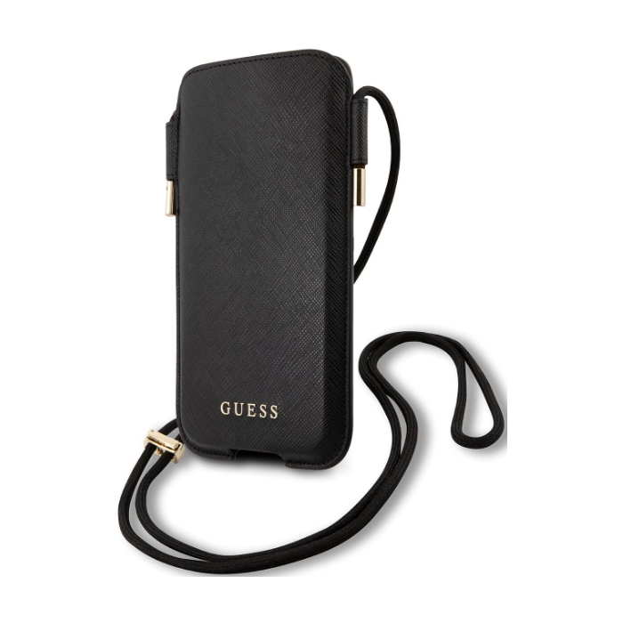 Puzdro vsuvka Guess na telefón 6.7" GUHCP12LSAPSBK PU Saffiano Pouch Script Logo L čierne
