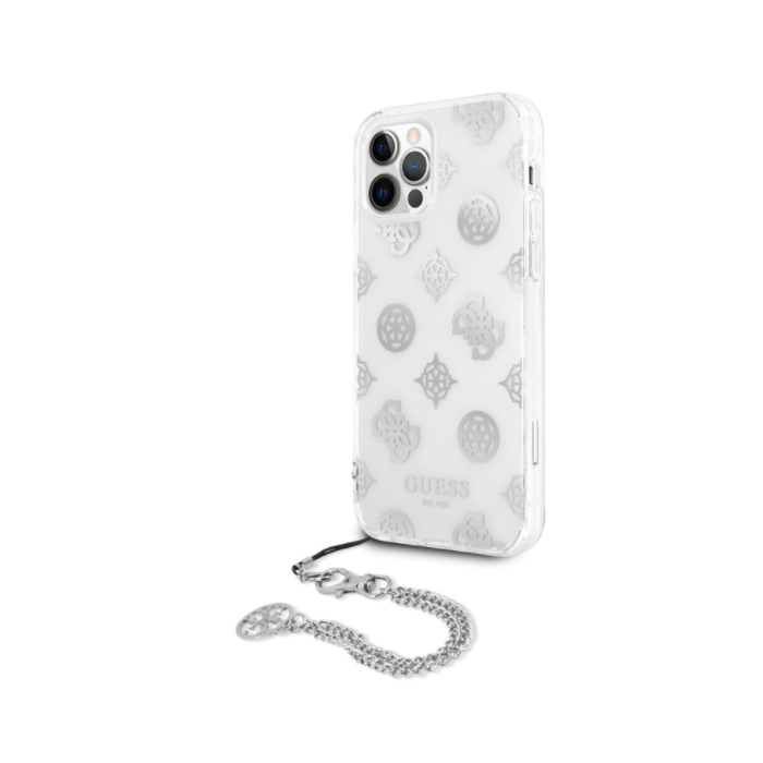 Plastové puzdro Guess na Apple iPhone 12/12 Pro GUHCP12MKSPESI Chain Peony strieborné