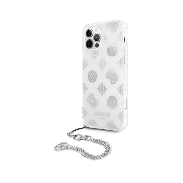 Plastové puzdro Guess na Apple iPhone 12 Pro Max GUHCP12LKSPESI Chain Peony strieborné