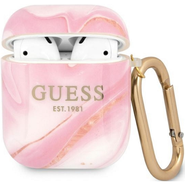 Silikónové puzdro Guess na Apple AirPods 1 / 2 GUA2UNMP Marble Collection ružové