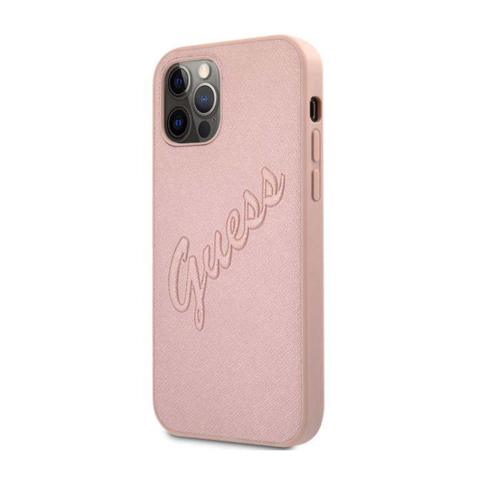 Plastové puzdro Guess na Apple iPhone 12/12 Pro GUHCP12MRSAVSRG Saffiano Vintage Script ružové