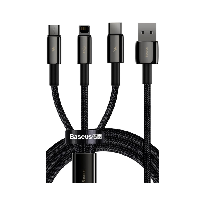Baseus Tungsten 3v1 CAMLTWJ-01, USB-A na USB-C/Lightning/MicroUSB, 1.5m, čierny