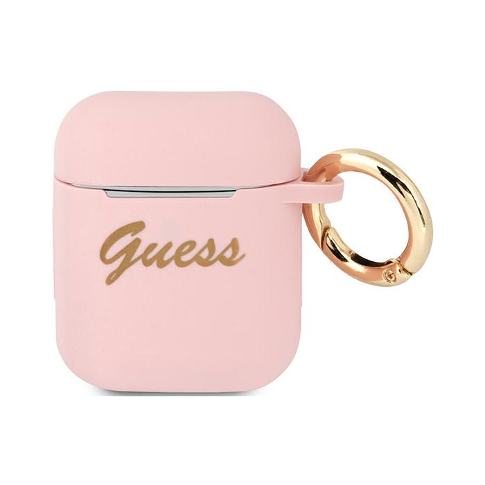 Silikónové puzdro Guess na Apple AirPods 1 / 2 GUA2SSSI Silicone Vintage Script ružové