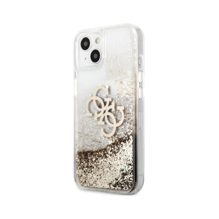 Plastové puzdro Guess na Apple iPhone 13 GUHCP13MLG4GGO Big 4G Liquid Glitter Gold transparentné