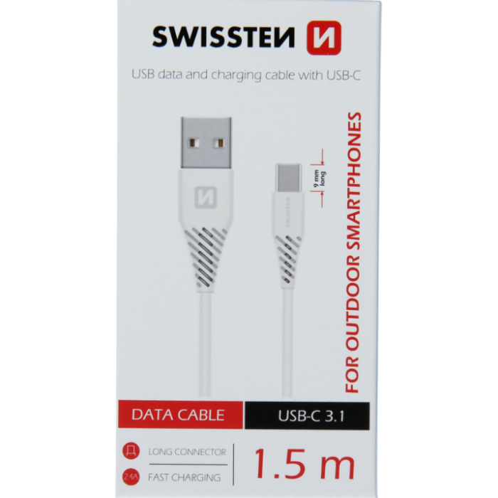 Kábel Swissten  USB/USB-C 3.1 biely 1,5 m (9mm predĺžený konektor pre odol. telefónom)