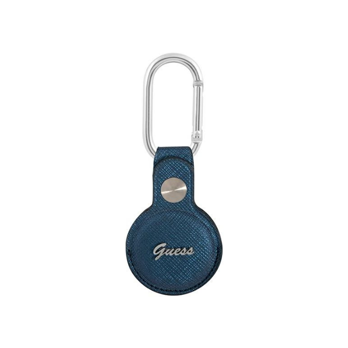 Puzdro Guess na Apple AirTag GUATPSASRSB Saffiano Vintage Script modré