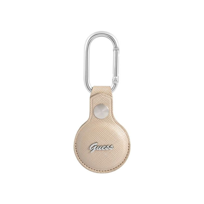 Puzdro Guess na Apple AirTag GUATPSASRSD Saffiano Vintage Script béžové