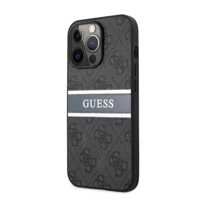Plastové puzdro Guess na Apple iPhone 13 Pro GUHCP13L4GDGR 4G Printed Stripe sivé