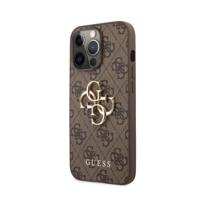 Plastové puzdro Guess na Apple iPhone 13 Pro GUHCP13L4GMGBR 4G Metal Logo hnedé