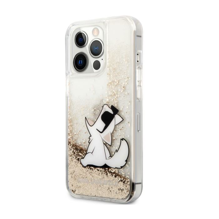 Plastové puzdro Karl Lagerfeld na Apple iPhone 13 Pro Max KLHCP13XGCFD Liquid Glitter Choupette Eat zlaté