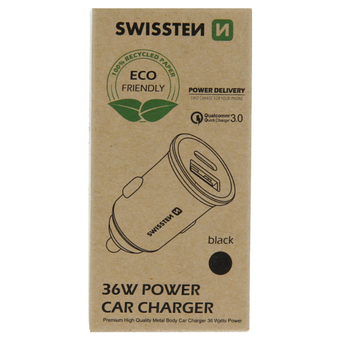 Autonabíjačka Swissten QC 3.0 USB-C 36 W čierna