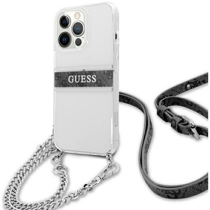 Plastové puzdro Guess na Apple iPhone 13/13 Pro GUHCP13LKC4GBSI 4G Grey Strap Silver Chain transparentné