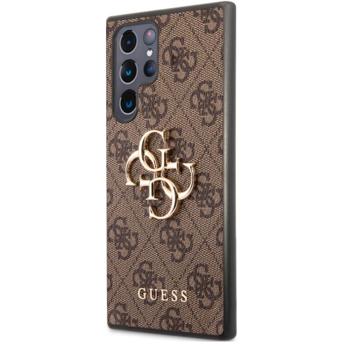 Plastové puzdro Guess na Samsung Galaxy S22 Ultra 5G S908 GUHCS22L4GMGBR 4G Big Metal Logo hnedé