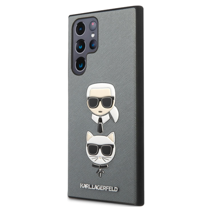 Plastové puzdro Karl Lagerfeld na Samsung Galaxy S22 Ultra 5G KLHCS22LSAKICKCSL Saffiano K&C Heads strieborné