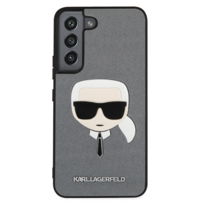 Plastové puzdro Karl Lagerfeld na Samsung Galaxy S22 + KLHCS22MSAKHSL Saffiano Karl Head strieborné 