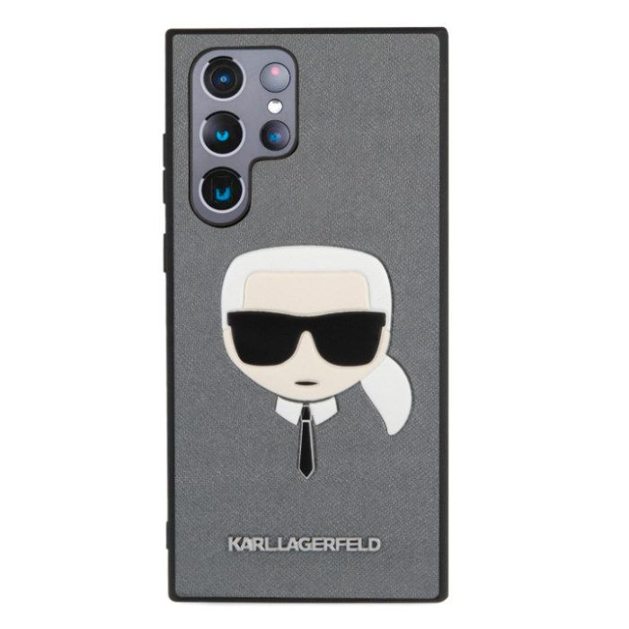 Plastové puzdro Karl Lagerfeld na Samsung Galaxy S22 Ultra 5G KLHCS22LSAKHSL Saffiano Karl Head strieborné 