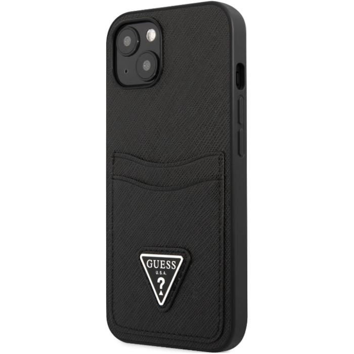 Plastové puzdro Guess na Apple iPhone 13 Mini GUHCP13SPSATPK Saffiano Double Card čierne