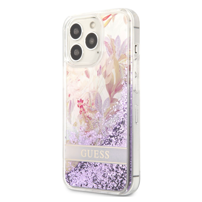Plastové puzdro Guess na Apple iPhone 13 Pro GUHCP13LLFLSU Liquid Glitter Flower fialové
