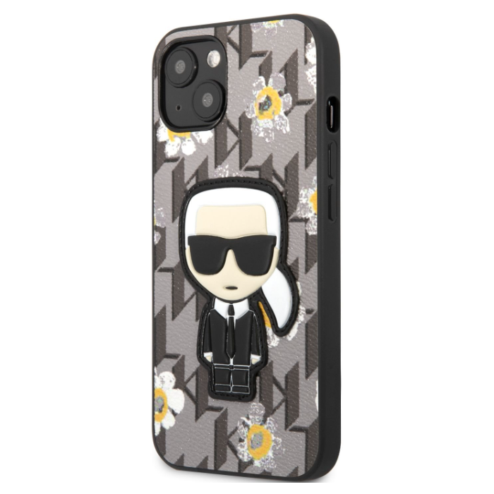 Plastové puzdro Karl Lagerfeld na Apple iPhone 13 KLHCP13MPMNFIK1 Ikonik Flower Monogram sivé