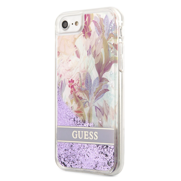 Plastové puzdro Guess na Apple iPhone 7/8/SE 2020/SE 2022 GUHCI8LFLSU Liquid Glitter Flower fialové