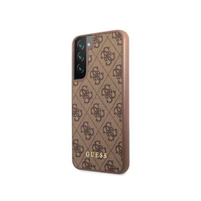 Plastové puzdro Guess na Samsung Galaxy S22 Plus 5G GUHCS22MG4GFBR Metal Gold Logo hnedé 