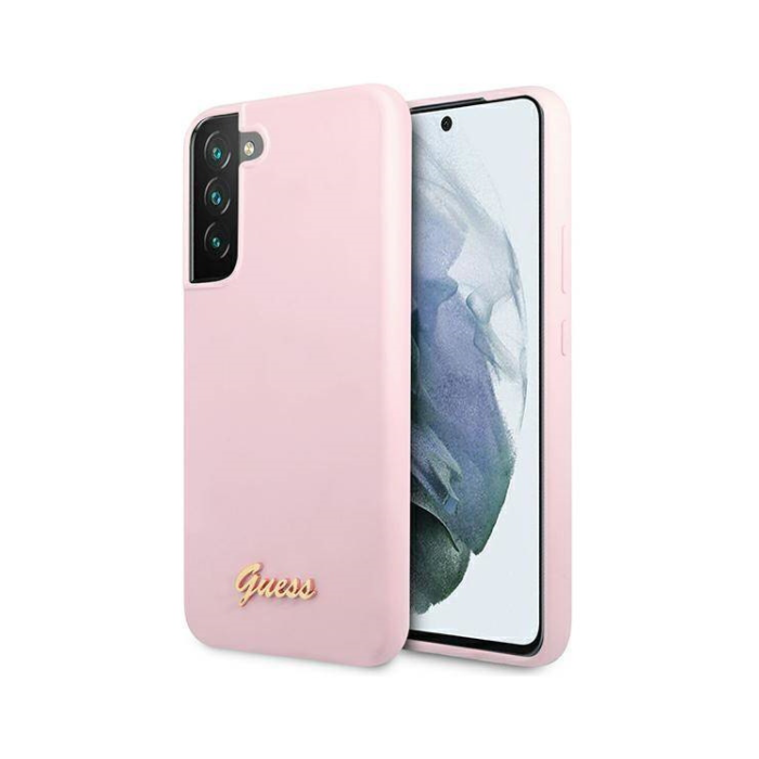 Silikónové puzdro Guess na Samsung Galaxy S22 Plus S906 5G GUHCS22MLSLMGLA Script Metal Logo ružové