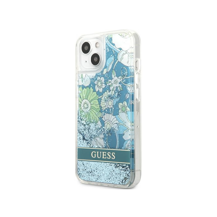 Plastové puzdro Guess na Apple iPhone 13 GUHCP13MLFLSN Flower Liquid Glitter zelené