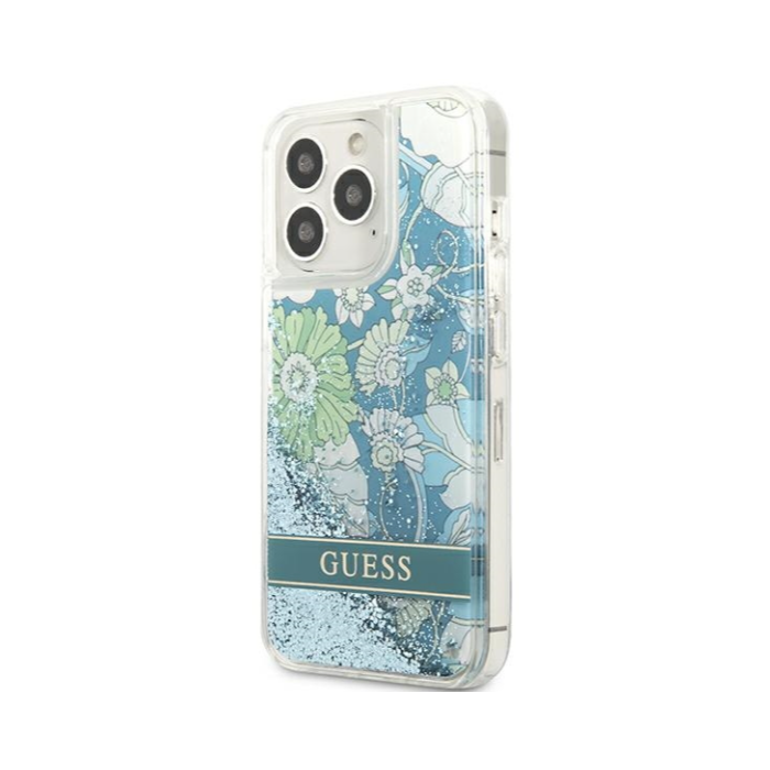 Plastové puzdro Guess na Apple iPhone 13 Pro Max GUHCP13XLFLSN Flower Liquid Glitter zelené