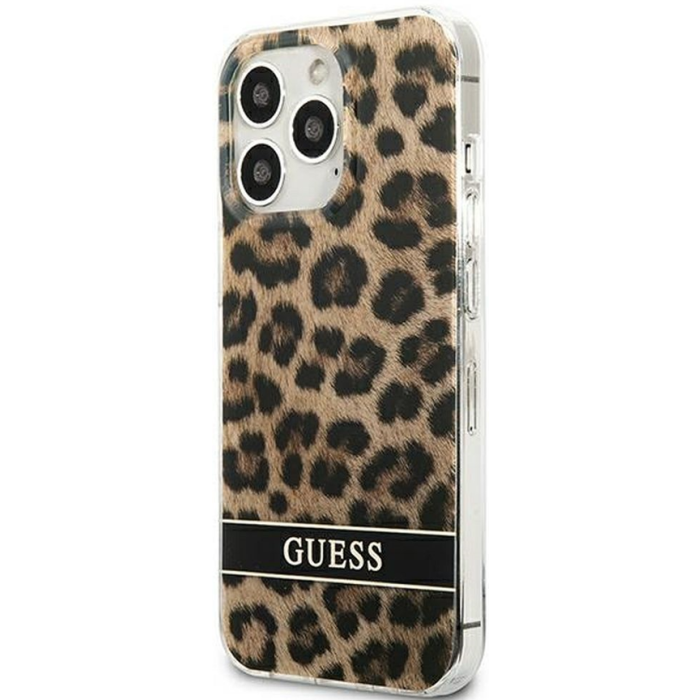Plastové puzdro Guess na Apple iPhone 13 Pro GUHCP13LHSLEOW Leopard Electro Stripe hnedé