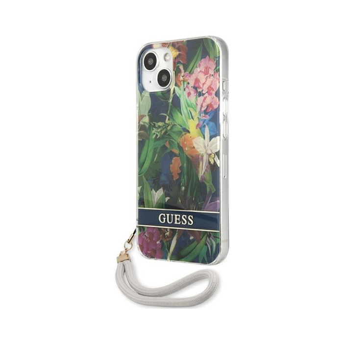 Plastové puzdro Guess na Apple iPhone 13 GUHCP13MHFLSB Flower Cord modré