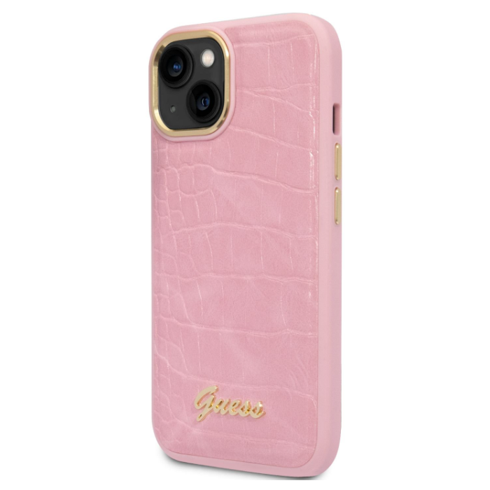 Plastové puzdro Guess na Apple iPhone 14 Plus GUHCP14MHGCRHP PU Croco Metal Camera Outline ružové