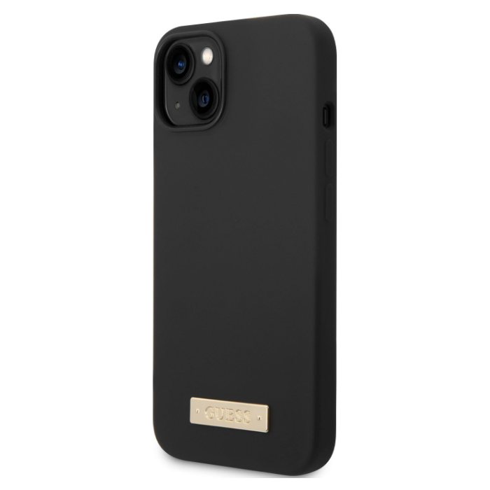 Silikónové puzdro Guess na Apple iPhone 14 Plus GUHMP14LSBPLP Silicone Metal Logo MagSafe čierne
