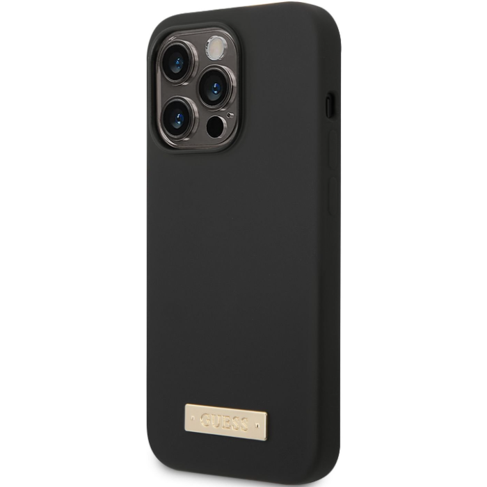 Silikónové puzdro Guess na Apple iPhone 14 Pro Max GUHMP14XSBPLK Silicone Metal Logo MagSafe čierne