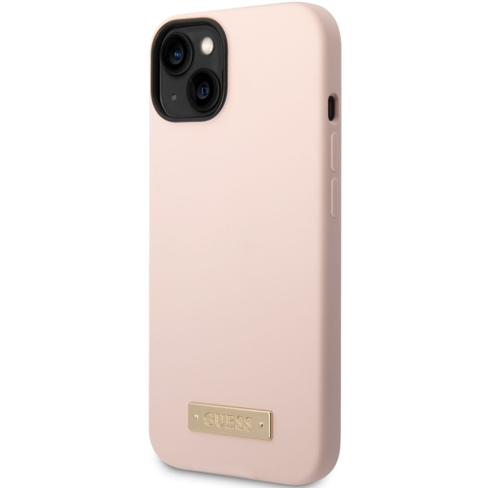 Silikónové puzdro Guess na Apple iPhone 14 Plus GUHMP14SSBPLP Silicone Metal Logo MagSafe ružové