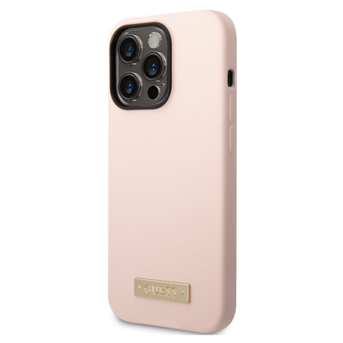 Silikónové puzdro Guess na Apple iPhone 14 Pro Max GUHMP14XSBPLP Silicone Metal Logo MagSafe ružové