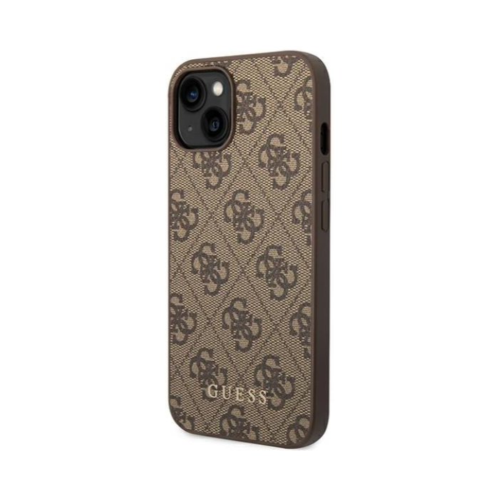 Plastové puzdro Guess na Apple iPhone 14 GUHCP14SG4GFBR 4G Gold Logo hnedé