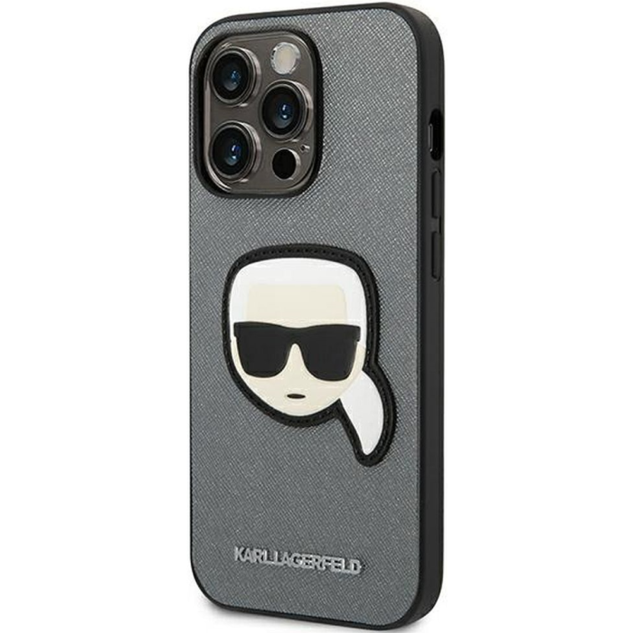 Plastové puzdro Karl Lagerfeld na Apple iPhone 14 Pro Max KLHCP14XSAPKHG Saffiano With Karl Head Patch strieborné