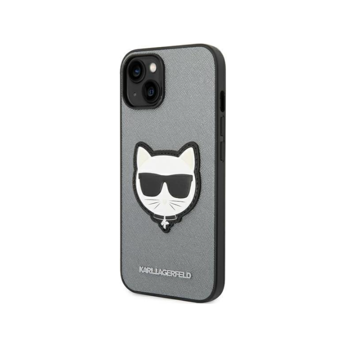 Plastové puzdro Karl Lagerfeld na Apple iPhone 14 Plus KLHCP14MSAPCHG PU Saffiano Choupette Head Patch strieborné