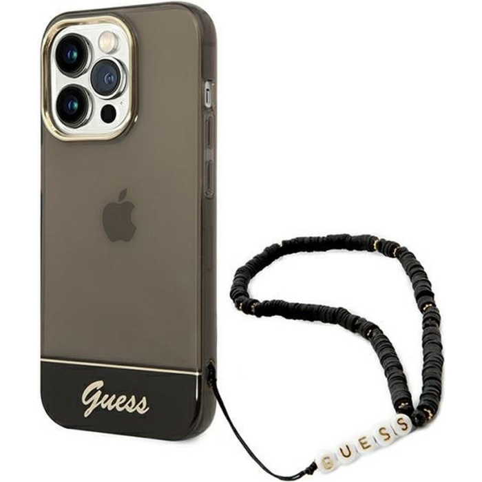 Plastové puzdro Guess na Apple iPhone 14 Pro GUHCP14LHGCOHK Electroplated Camera Outline Translucent with Strap čierne